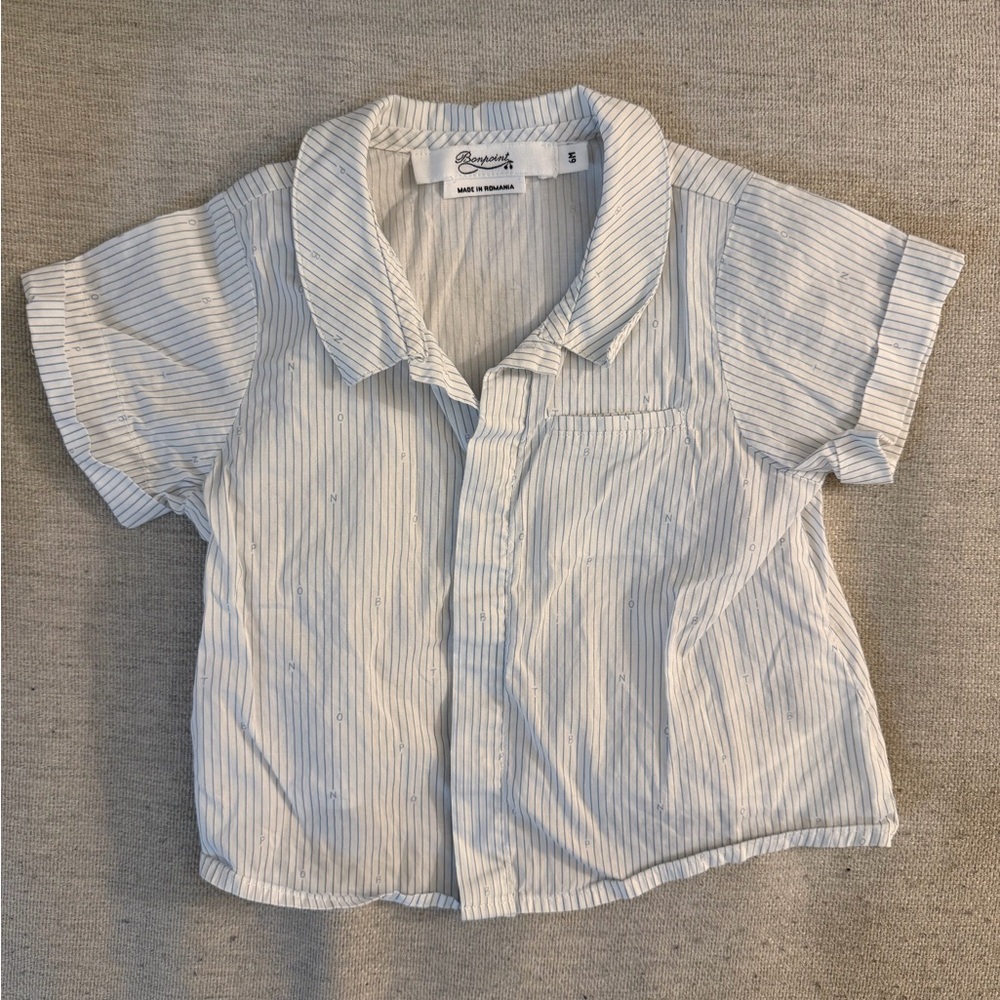 Bonpoint Striped Button-Down Shirt in White and Blue